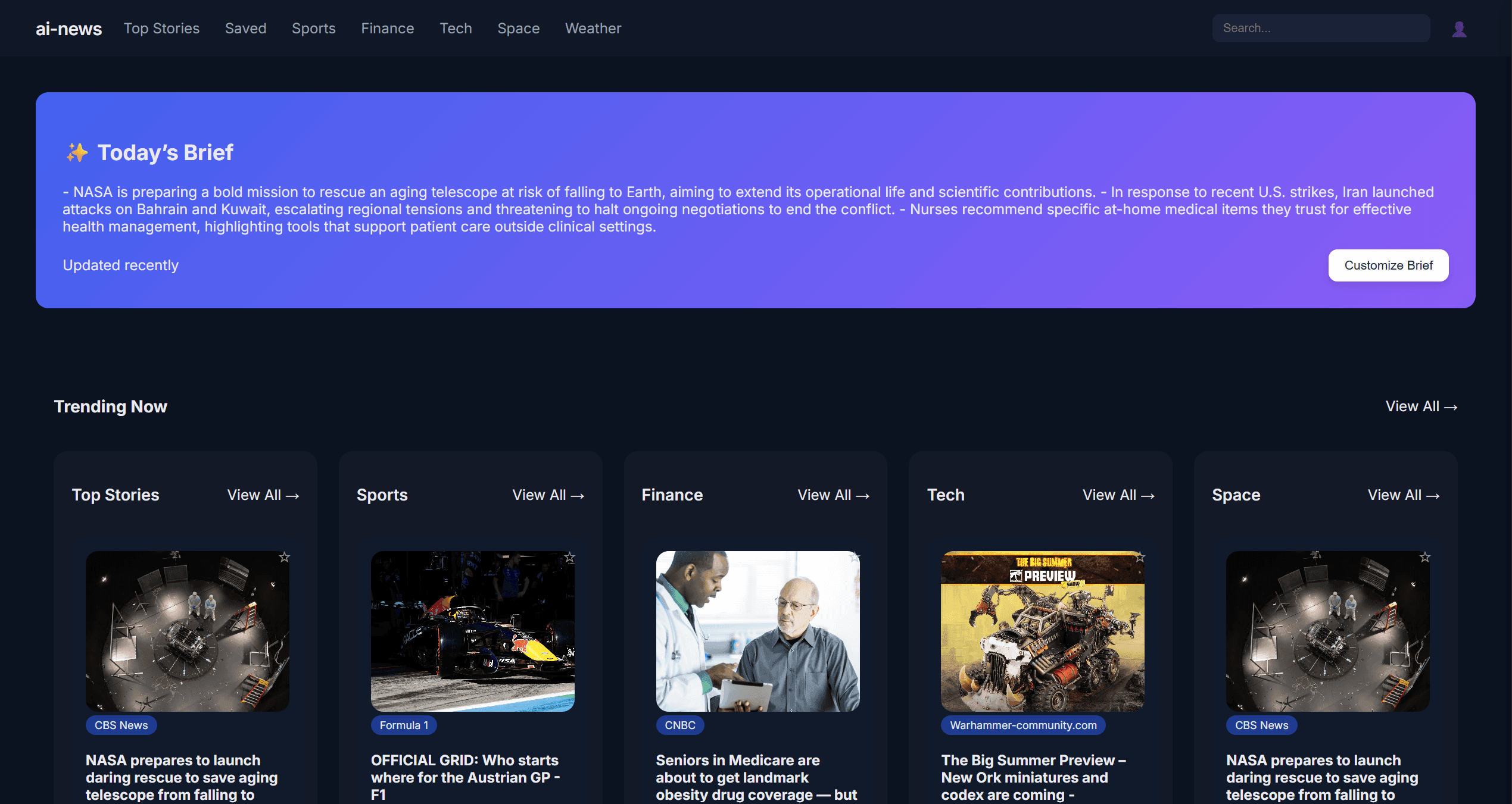 AI News App early build shown in a web browser — an in-development interface, not a finished product.