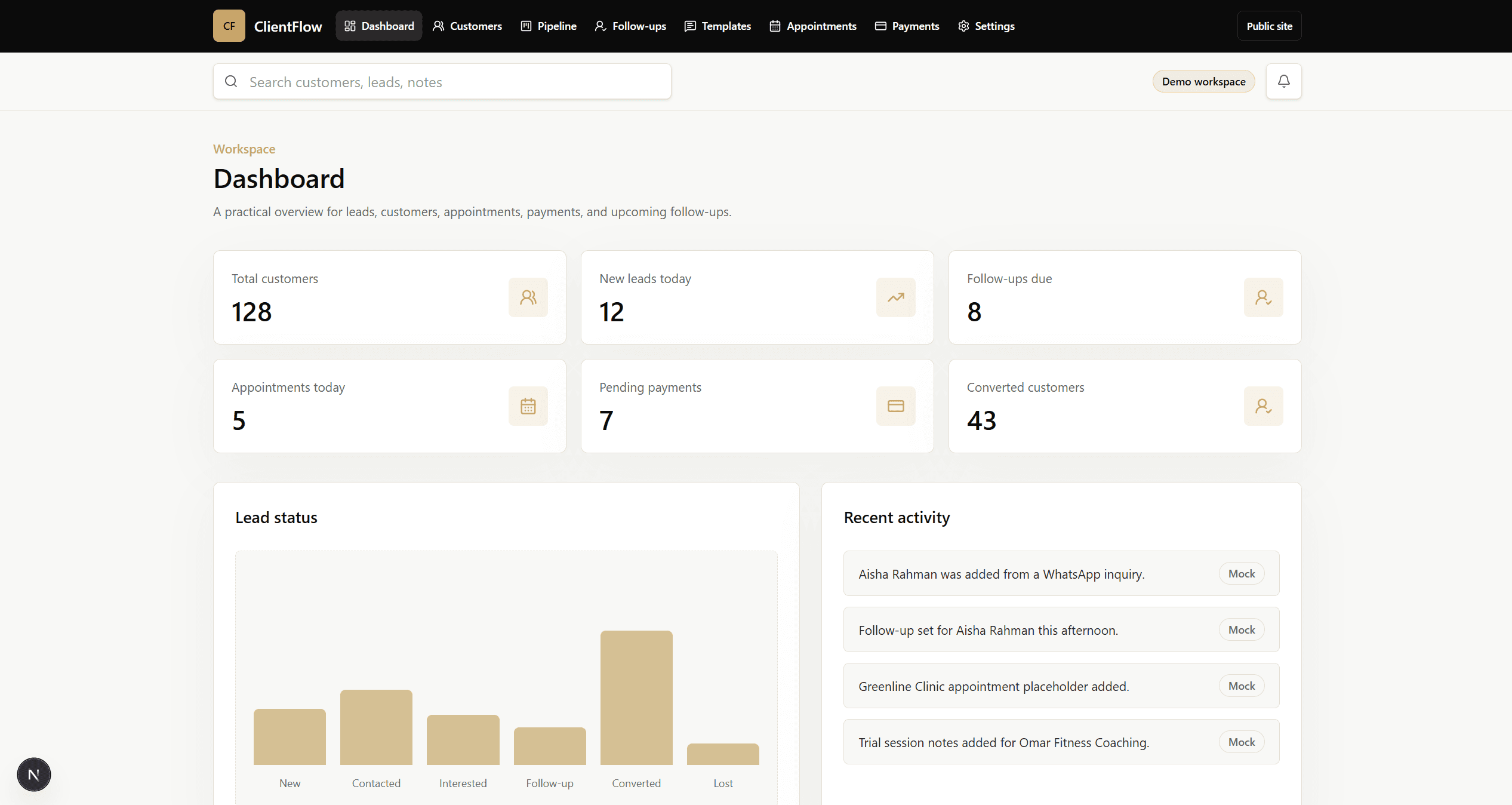 ClientFlow dashboard showing lead status, follow-ups due, and recent activity in a web browser.