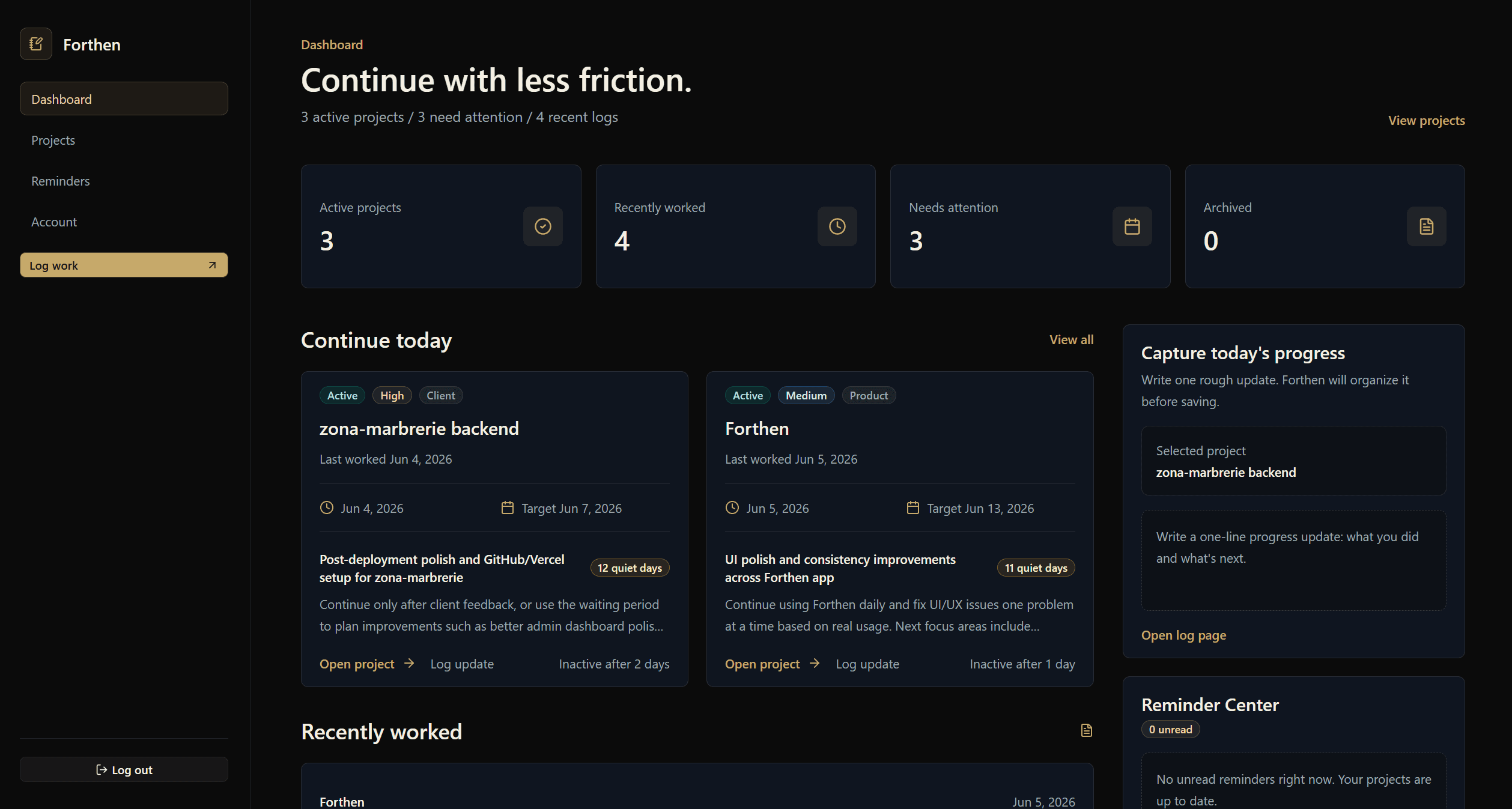 Forthen dashboard overview shown in a web browser.