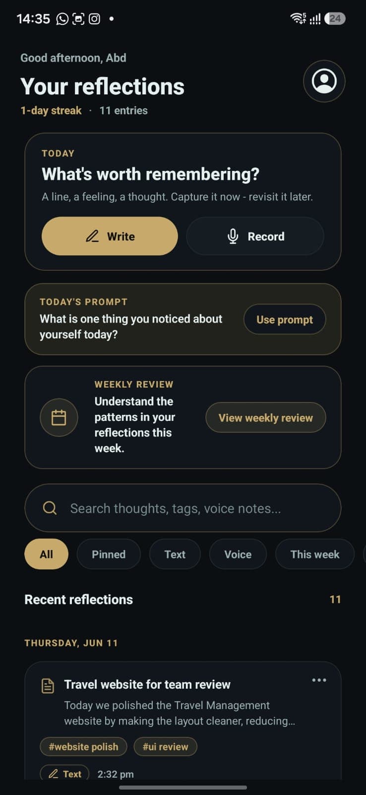 Mindlog reflections home screen shown on a phone.