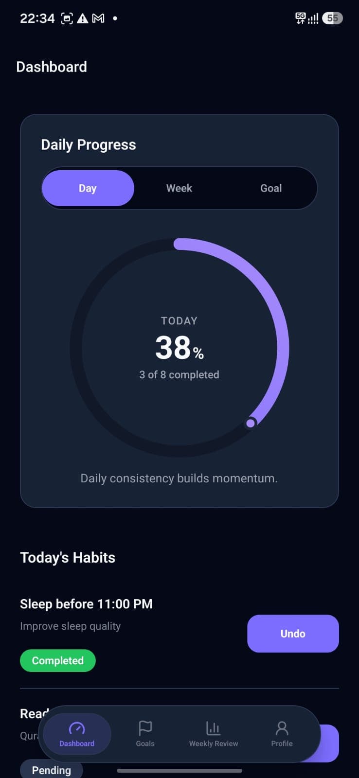 Mizan daily progress dashboard shown on a phone.